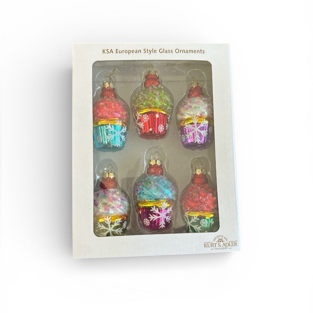 Anthropologie Kurt Adler Colorful Hand Blown Glass Ornament Set 6 Cupcake NIB - Picture 5 of 5